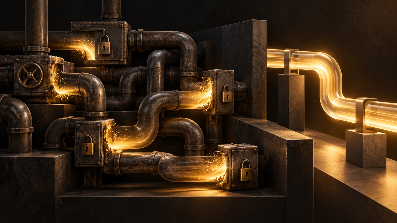 Illustration of old, rusted pipes fitted with padlocked junction boxes, leaking golden light at the joints, beside a clean glowing pipe on the right.