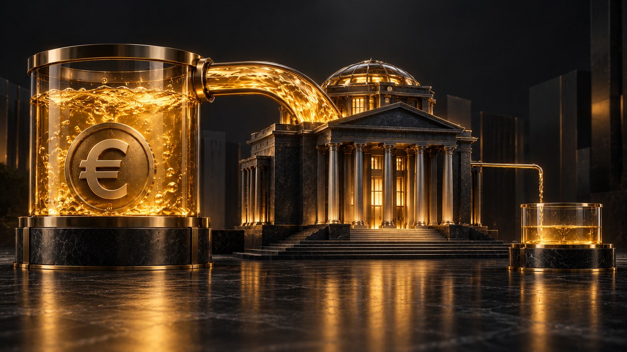 Illustration of a large glass tank of gold liquid bearing a euro symbol, feeding a wide pipe into a domed classical bank building, with a thin pipe dripping into a smaller glass tank on the right.