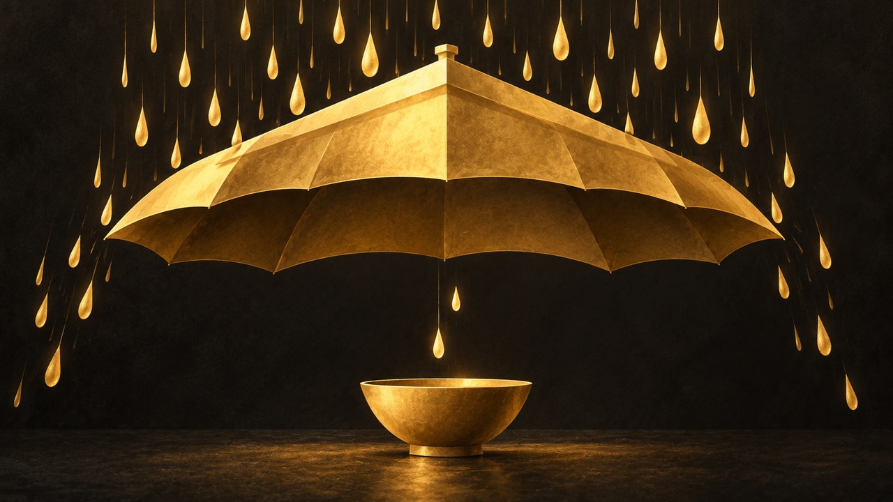 A large gold umbrella catching rain while only a few drops reach a small bowl below.