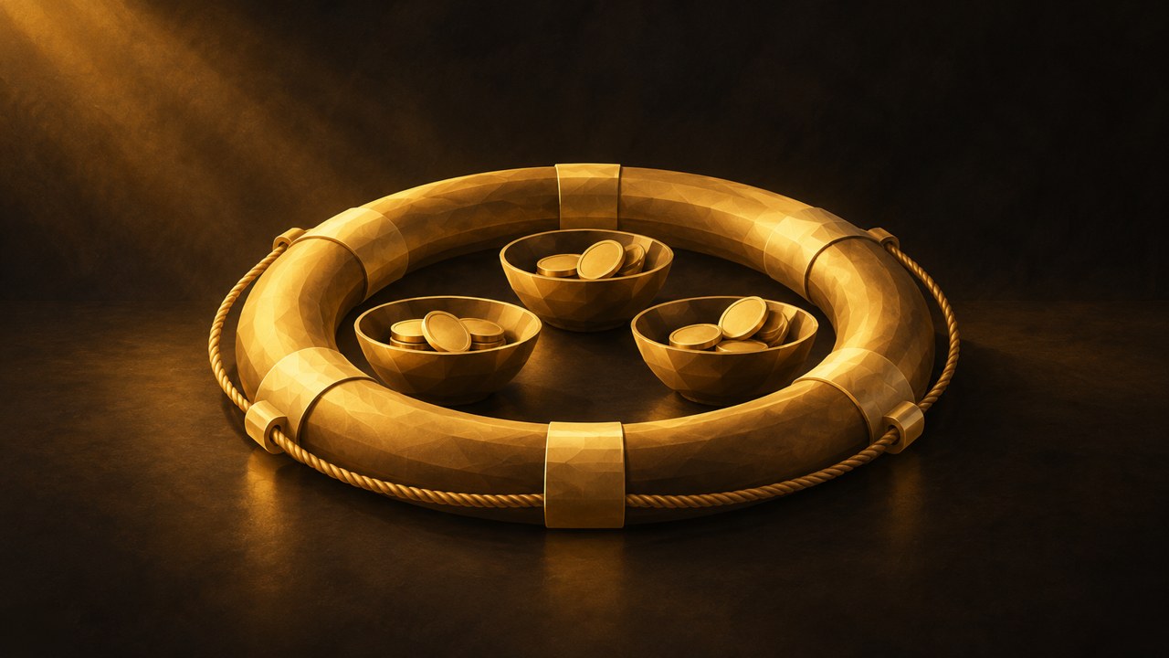 A gold lifebuoy encircling three separate small bowls of coins.
