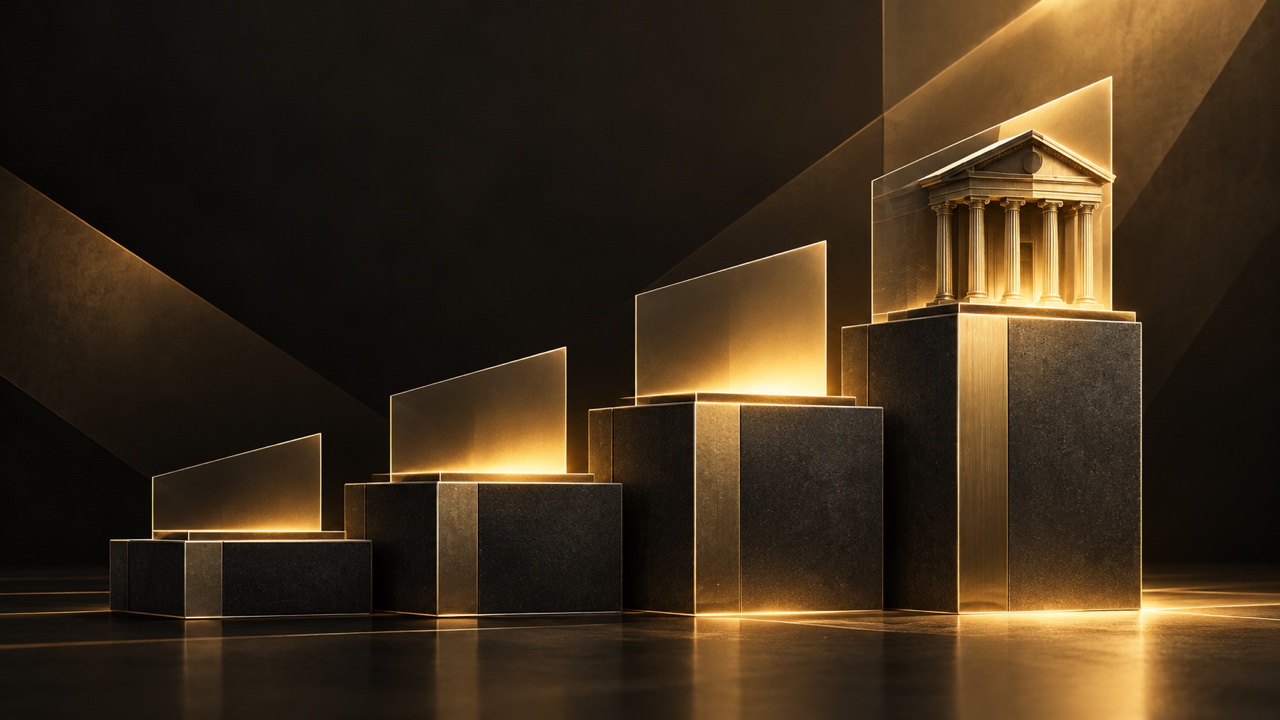Illustration of four dark stone plinths rising in height from left to right, each lit by a gold glass panel, with a classical bank building on the tallest.