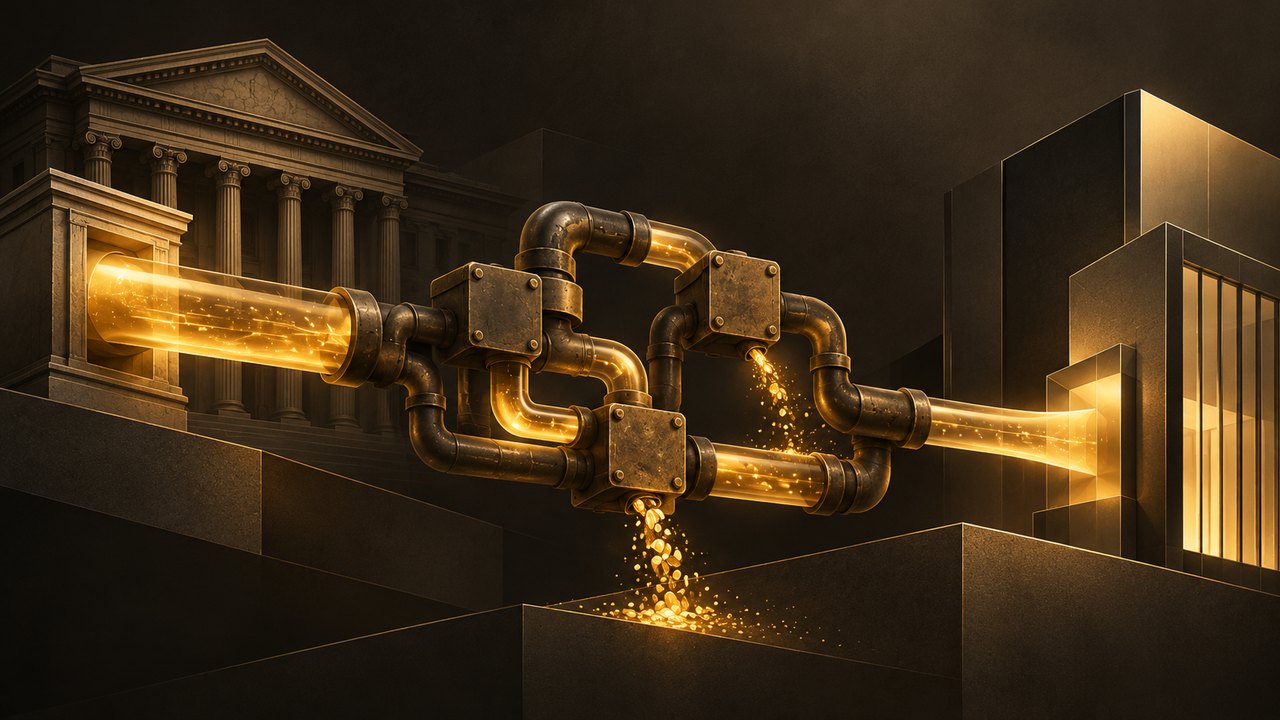 Illustration of old, bolted banking pipes running from a traditional columned bank to a modern business building, leaking gold coins and light at the joints along the way.