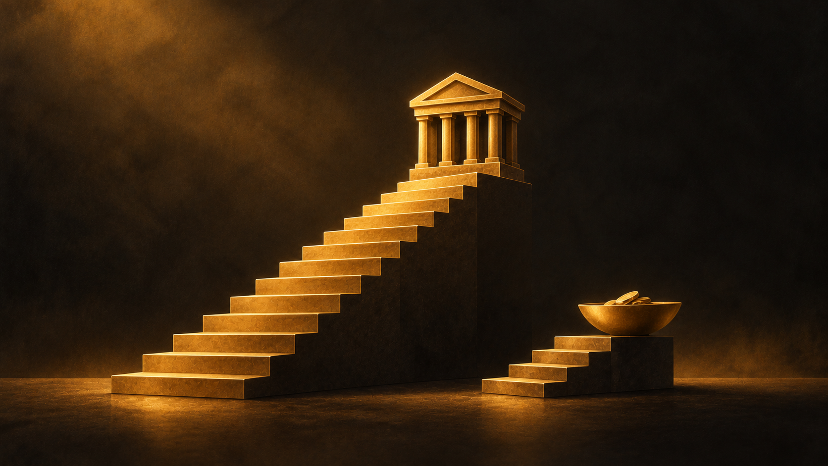 A tall gold staircase leading to a bank beside a shorter staircase supporting a bowl of coins.