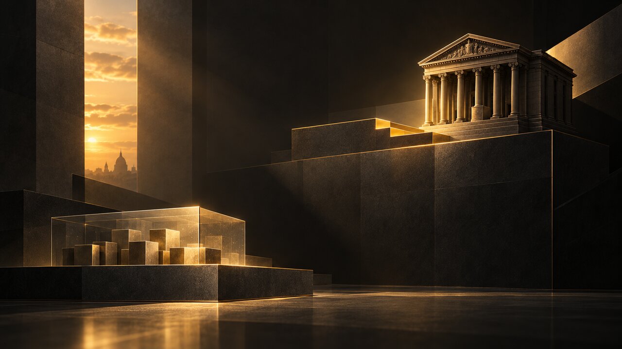 Illustration of a small glass case of gold-lit blocks on a low dark plinth, looking up at a classical bank building on a much higher stone platform, with a city skyline at sunset in the distance.