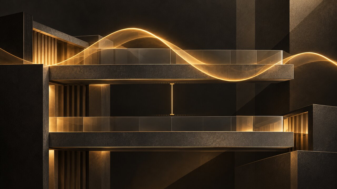 Illustration of two dark stone ledges with glass rails held apart by a gold measuring bar, while a glowing gold wave flows across the upper ledge.
