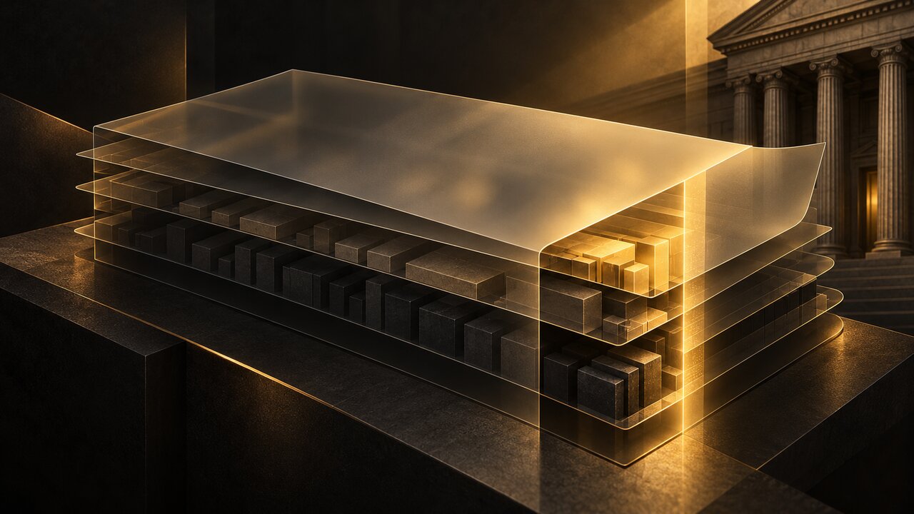 Illustration of stacked translucent layers holding rows of dark and gold blocks, with the top sheet peeling back, set in front of the columns of a classical bank building.