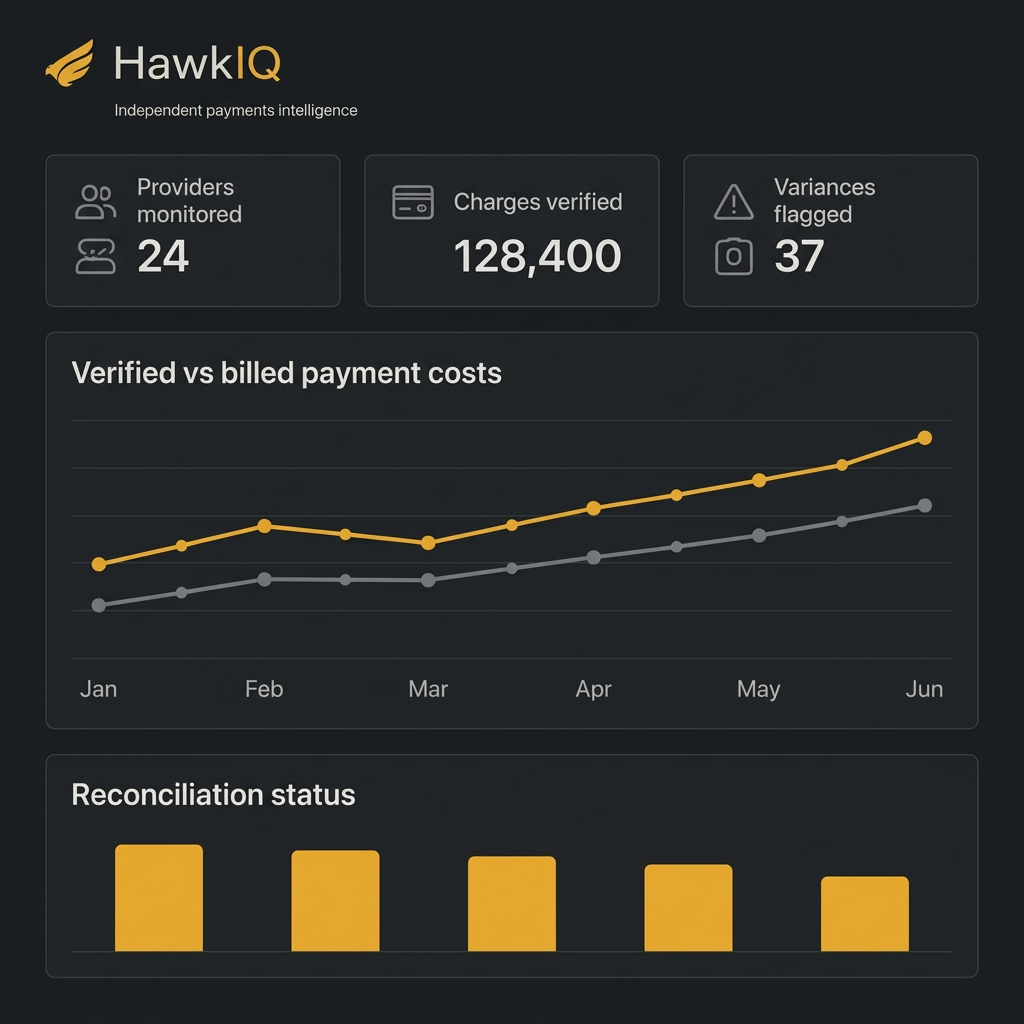 HawkIQ dashboard illustration showing providers monitored, charges verified and variances flagged, with a verified versus billed cost chart and reconciliation status